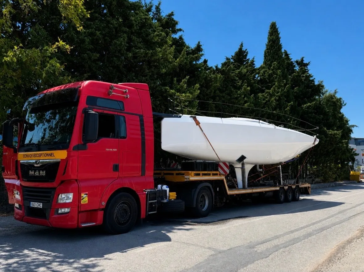 White sailing yacht secured on a yellow low-loader trailer behind a red MAN truck.